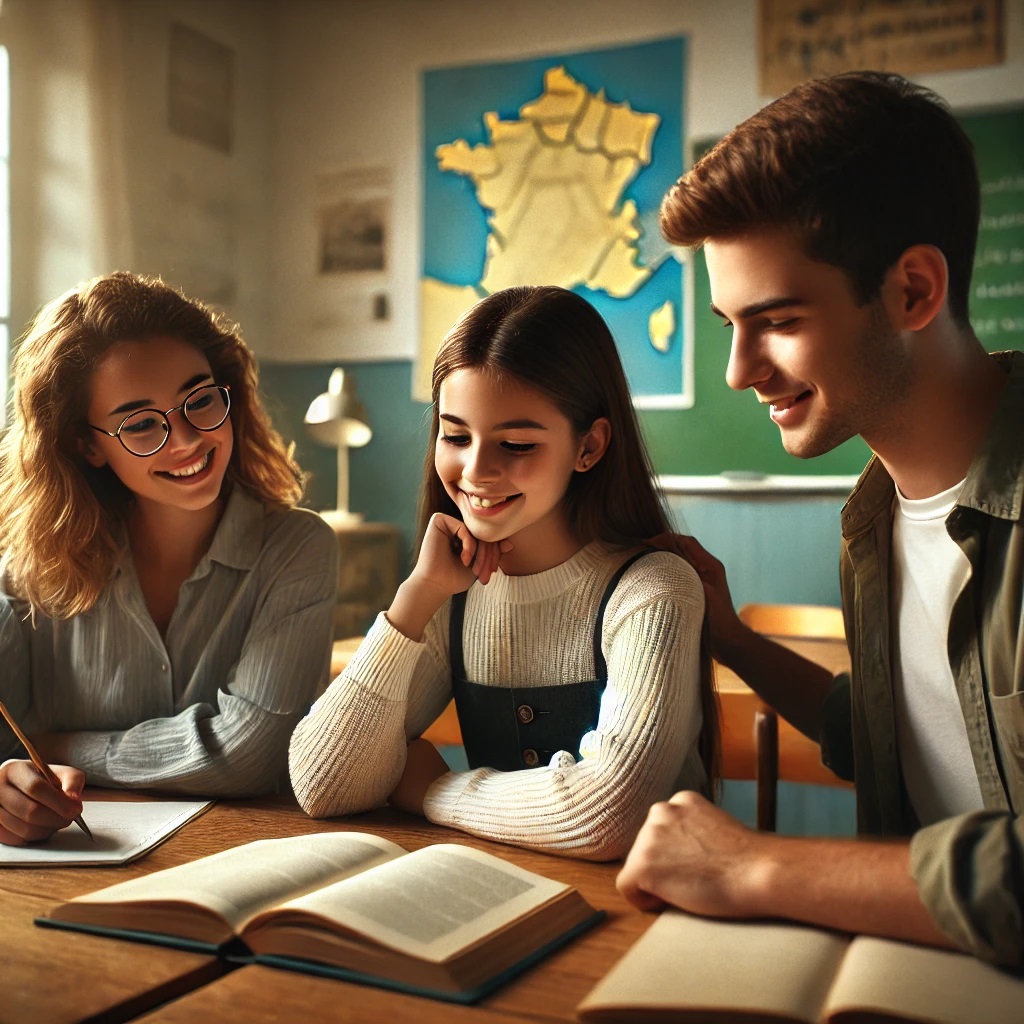DALL·E 2024-12-30 13.13.06 - A natural and authentic illustration of three French middle school students seated around a wooden table in a classroom, deeply engaged in a discussio